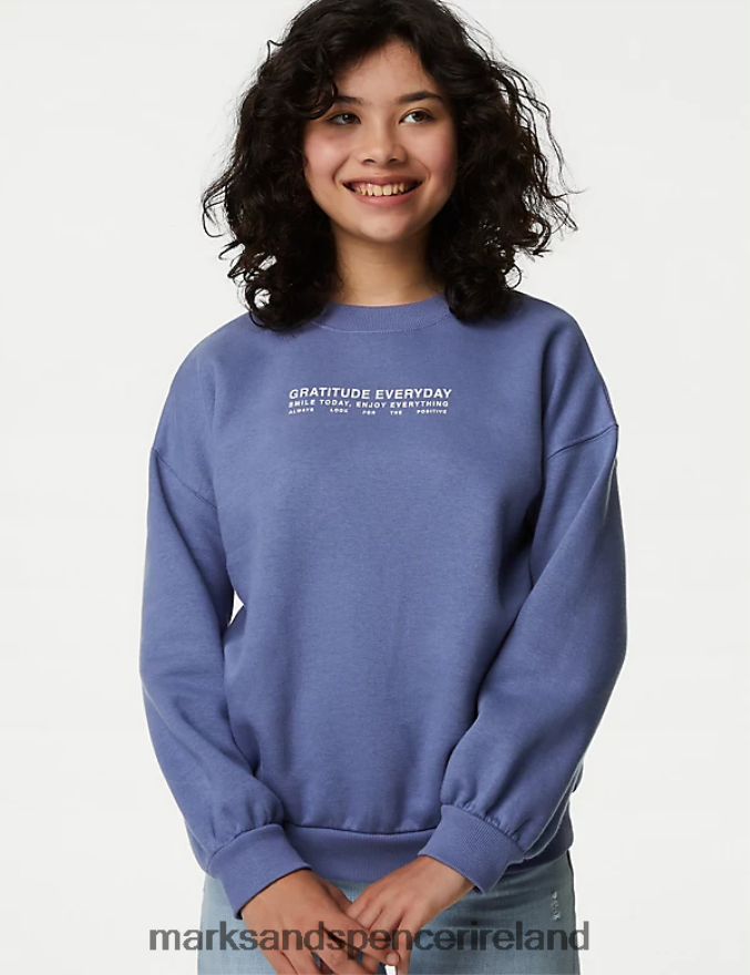 Marks & Spencer Kids Cotton Rich Slogan Sweatshirt Blue Clothing 2VJ8DF9070