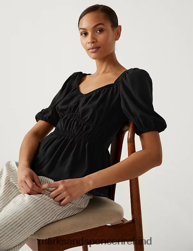 Marks & Spencer Women Waisted Puff Sleeve Blouse Black Clothing 2VJ8DF2789