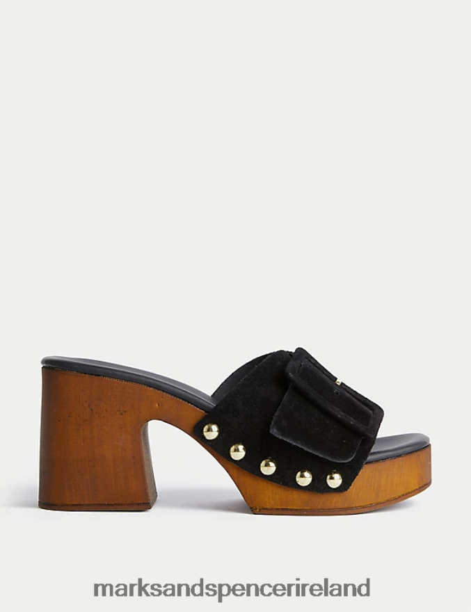 Marks & Spencer Women Suede Studded Buckle Clogs Black Footwear 2VJ8DF3096