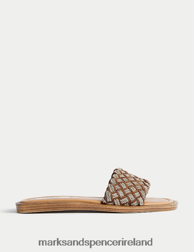 Marks & Spencer Women Woven Sparkle Flat Sliders Tan Footwear 2VJ8DF2138